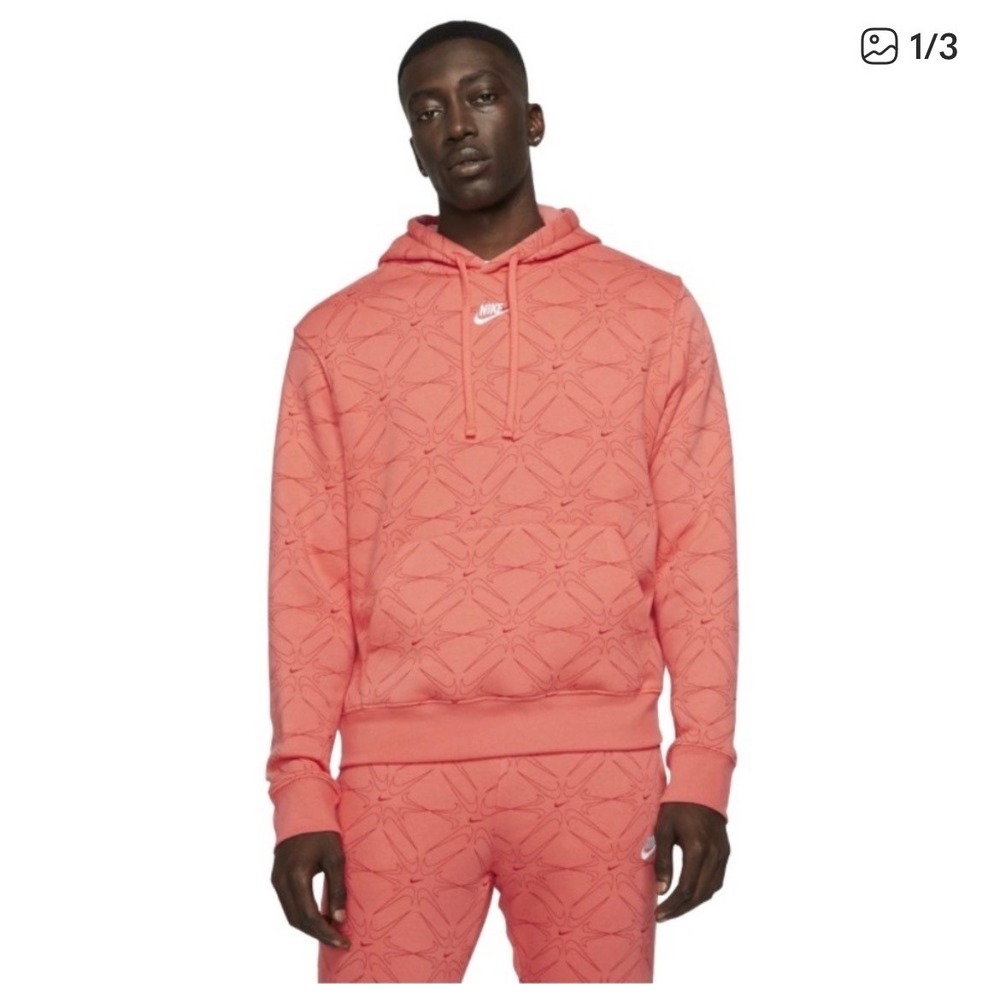 Nike Mens All Over Swoosh‎ Logo Print Hoodie Orange Pullover Sweatshirt M